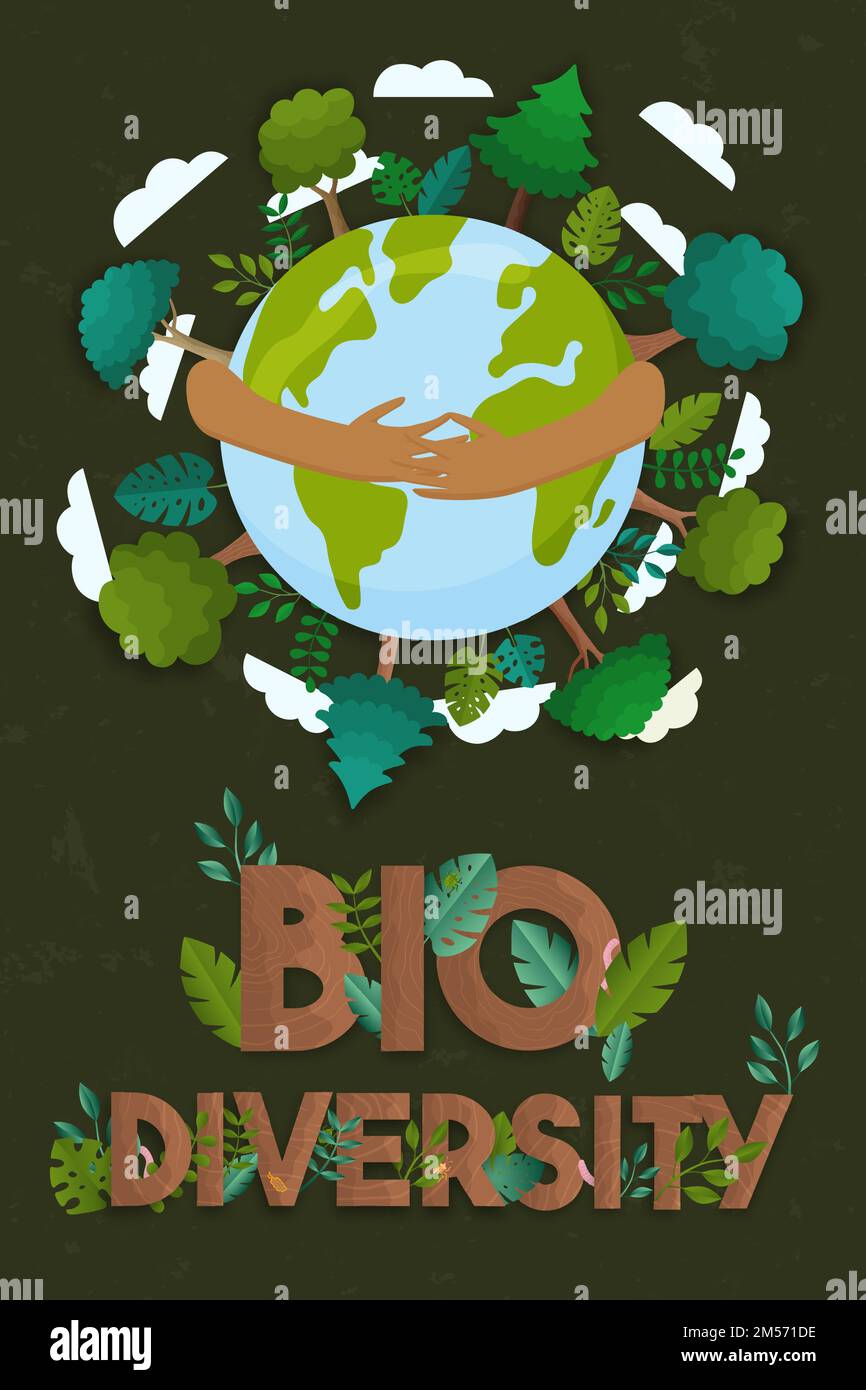 Biodiversity vertical illustration of human hands hugging planet earth with wild plants and green trees. Global nature care or eco friendly campaign c Stock Vector