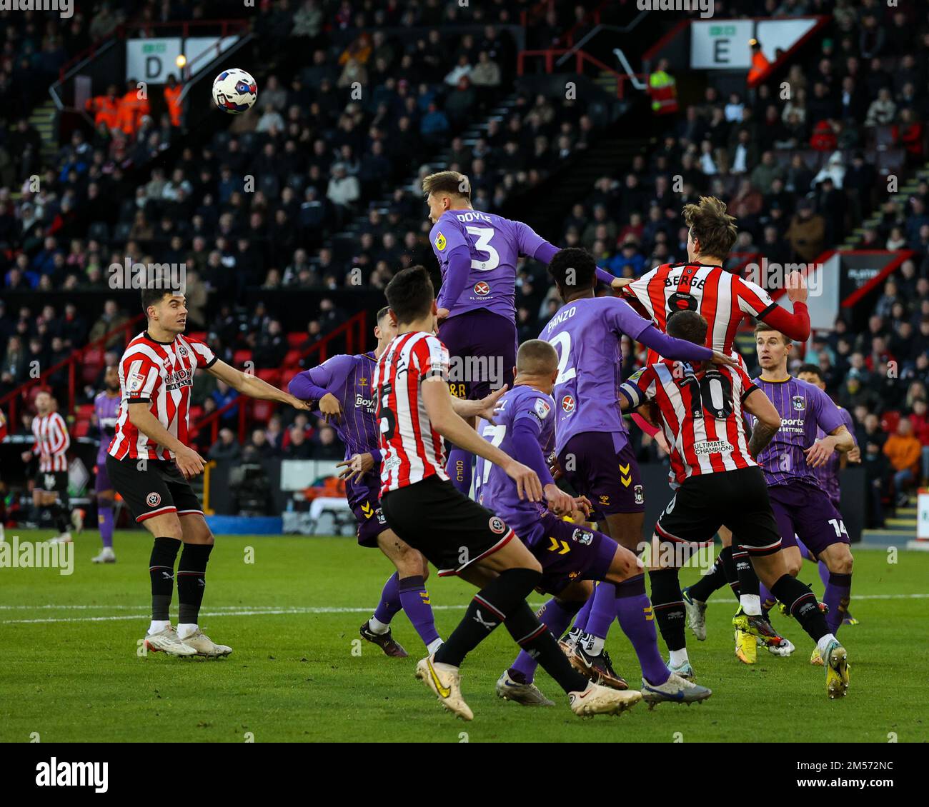 Callum Doyle #3 of Coventry City heads clear during the Sky Bet Championship match Sheffield United vs Coventry City at Bramall Lane, Sheffield, United Kingdom, 26th December 2022  (Photo by Nick Browning/News Images) Stock Photo