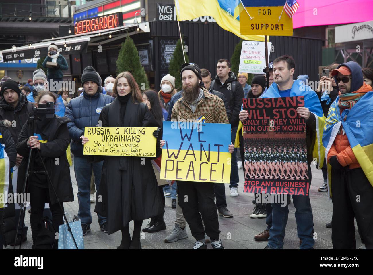 Support Ukraine Rally in Times Square a week before Christmas in New York CIty 2022. Stock Photo