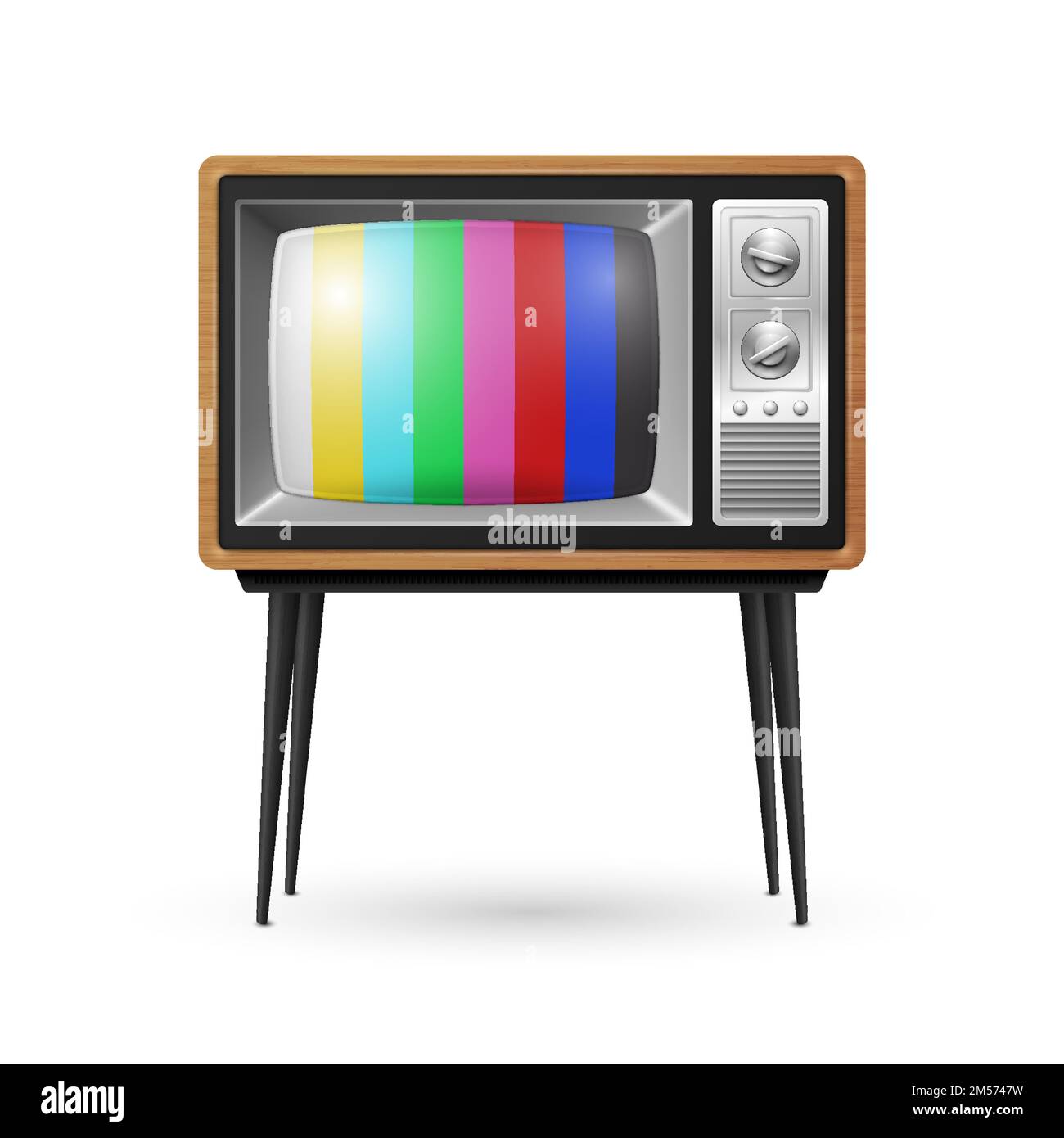 Vector 3d Realistic Brown Wooden Retro Striped Screen TV Receiver Isolated on White Background. Home Interior Design Concept. Vintage TV Set Stock Vector
