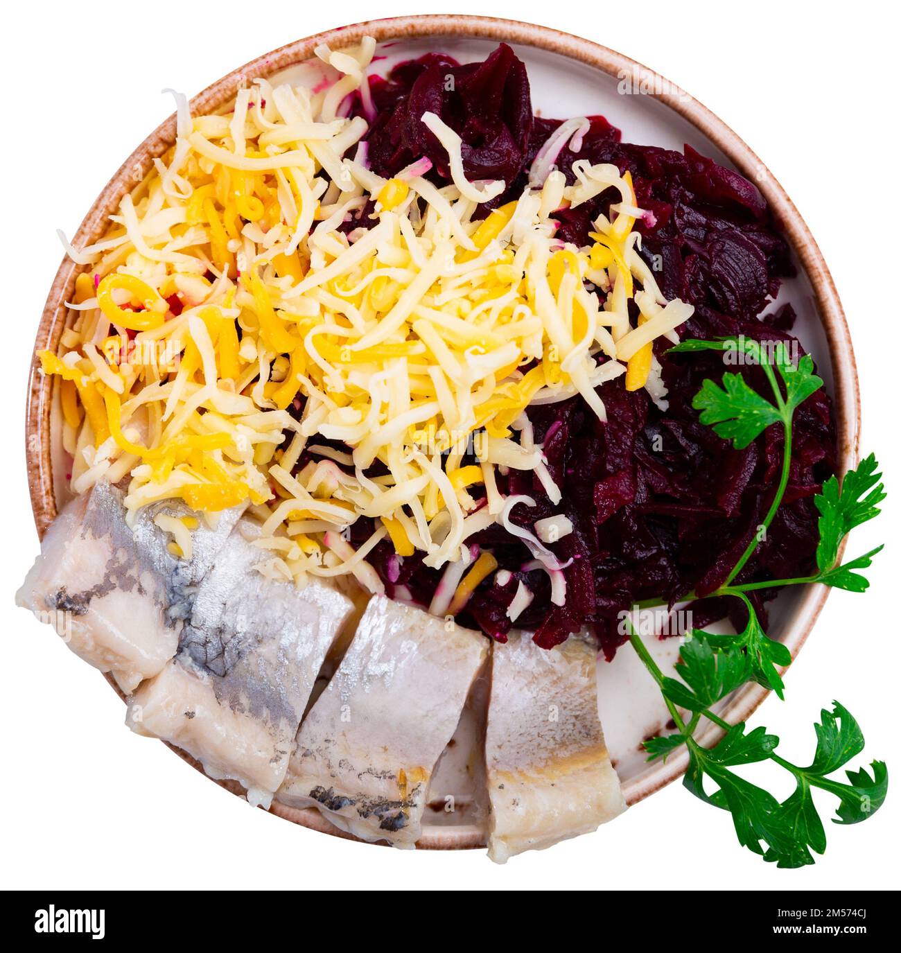 Beetroot served with cheese and pickled mackerel Stock Photo