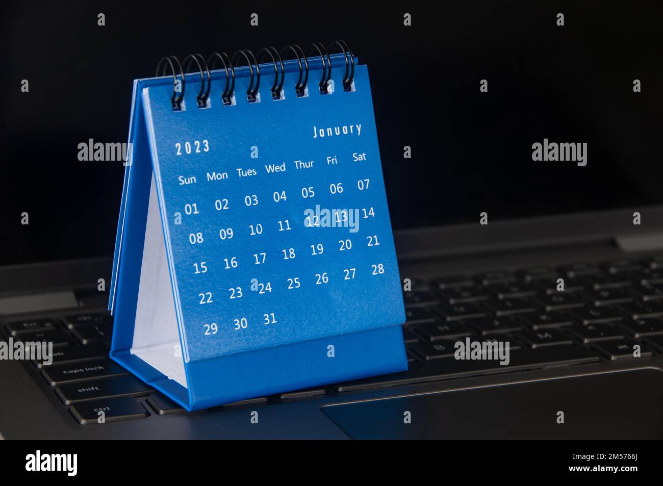 January 2023 table calendar with customizable space for text or ideas. Calendar concept and copy space. Stock Photo