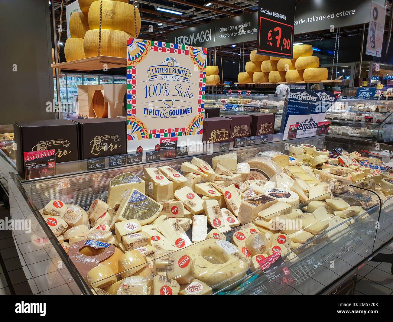 Bergamo, Italy - April 29, 2022: Food selection in Italian Iper supermarket. Cheese display. Stock Photo