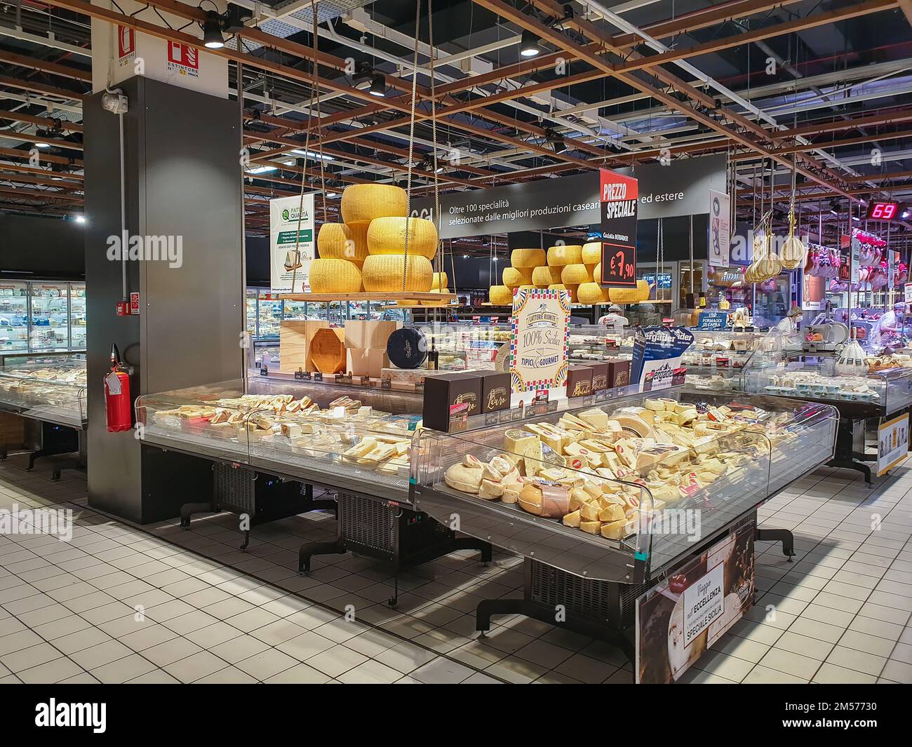 Bergamo, Italy - April 29, 2022: Food selection in Italian Iper supermarket. Cheese display. Stock Photo
