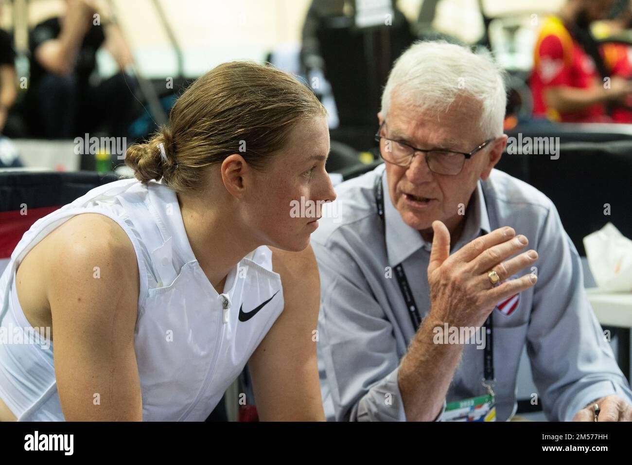 US Endurance Cycling coach Gary Sutton talks with Jennifer Valente before her ride in the omnium, the world champion at the UCI Track cycling Worlds. Stock Photo