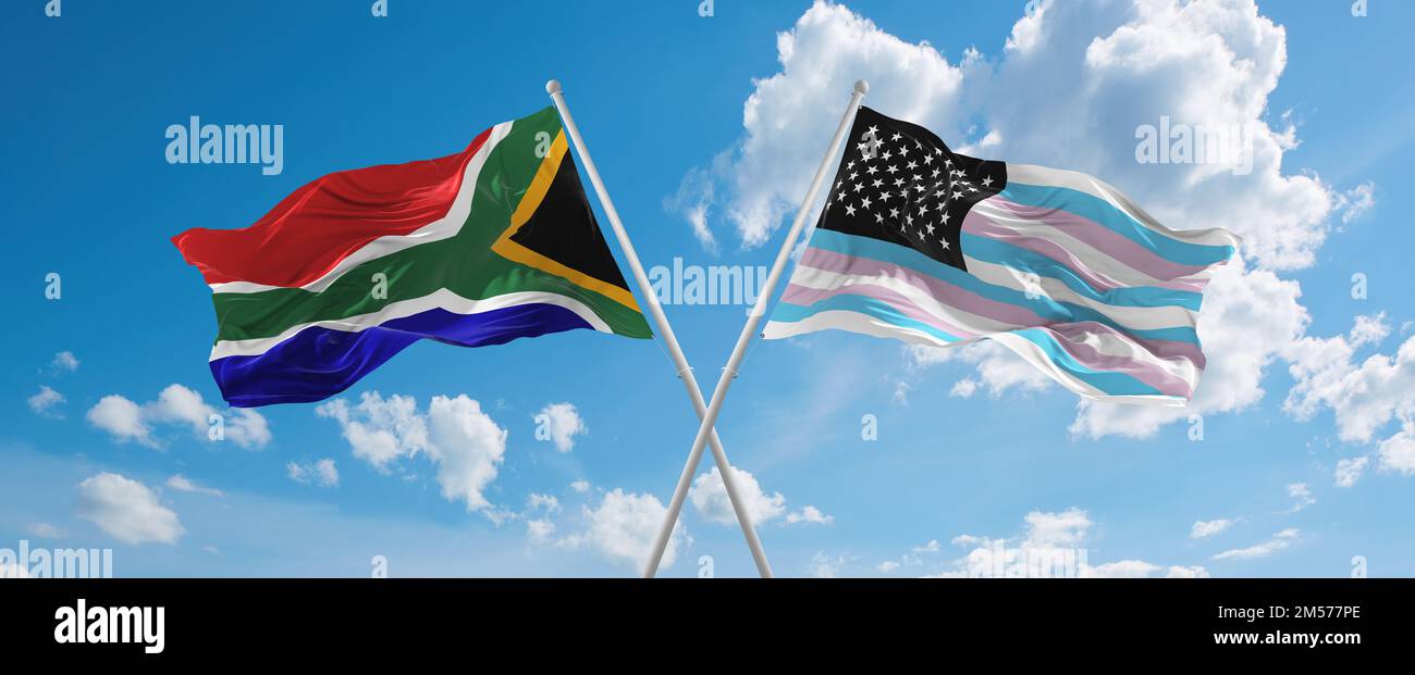 two crossed flags TransAmerica and South Africa waving in wind at ...