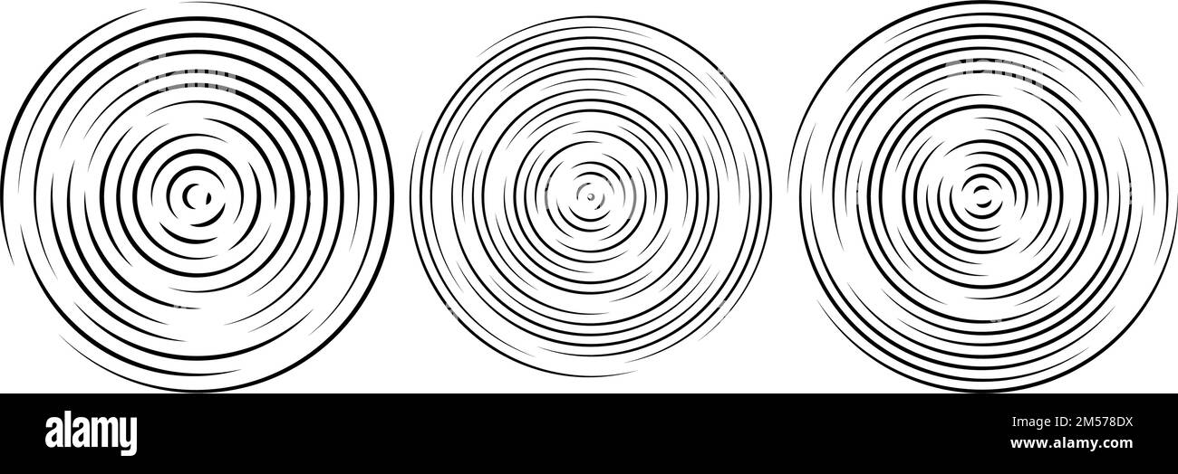 Concentric ripple circles set. Sonar or sound wave rings collection. Epicentre, target, radar icon concept. Radial signal or vibration elements. Stock Vector
