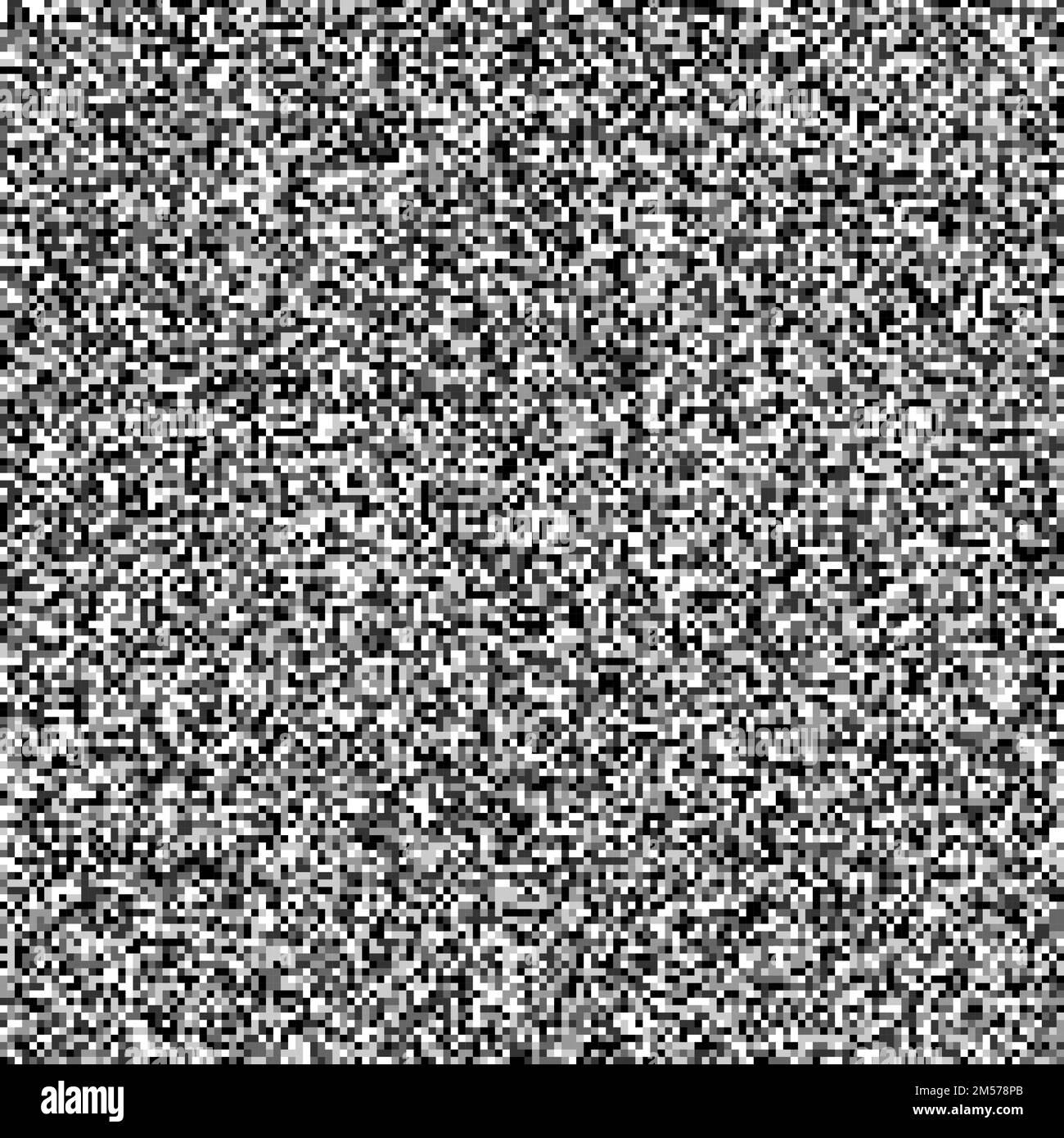 Seamless pixelated tv noise texture. White noise signal grain. Television screen interferences and glitches. Grunge background  Stock Vector