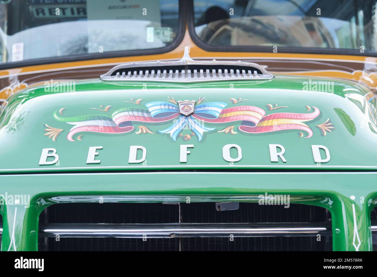 Buenos Aires, Argentina, June 20, 2022: Close up view of the hood of a green Bedford Alcorta 1961, old vintage bus for public transport, line 208, pai Stock Photo