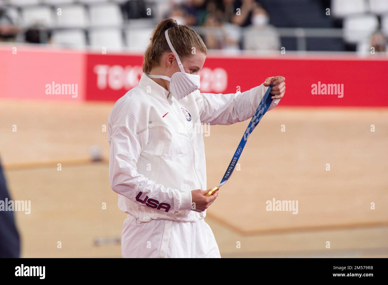 Jennifer Valente of the United States, Gold medalist in the women's omnium, during the 2020 Tokyo Olympic Games. Stock Photo