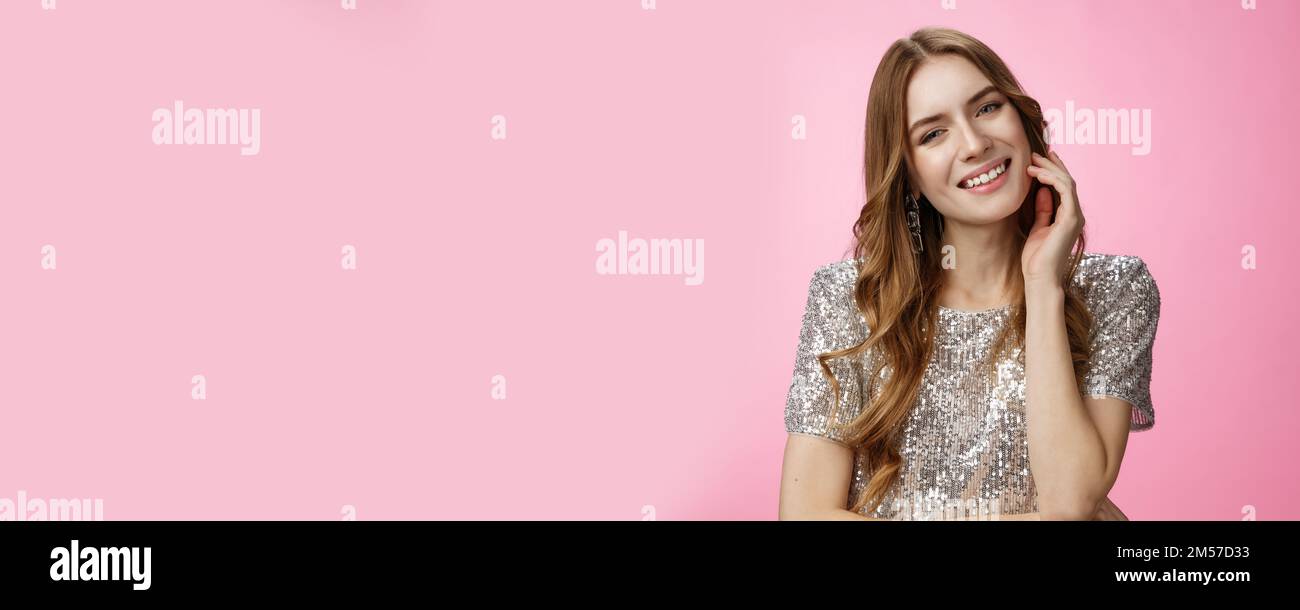 Adorable flirty carefree tender caucasian female touching face ...