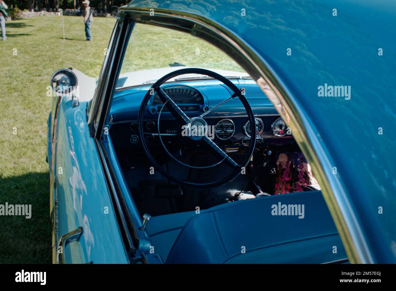 The dashboard of a vintage Ford automobile parked at the American Heritage Museum. Hudson, Massachusetts. Stock Photo