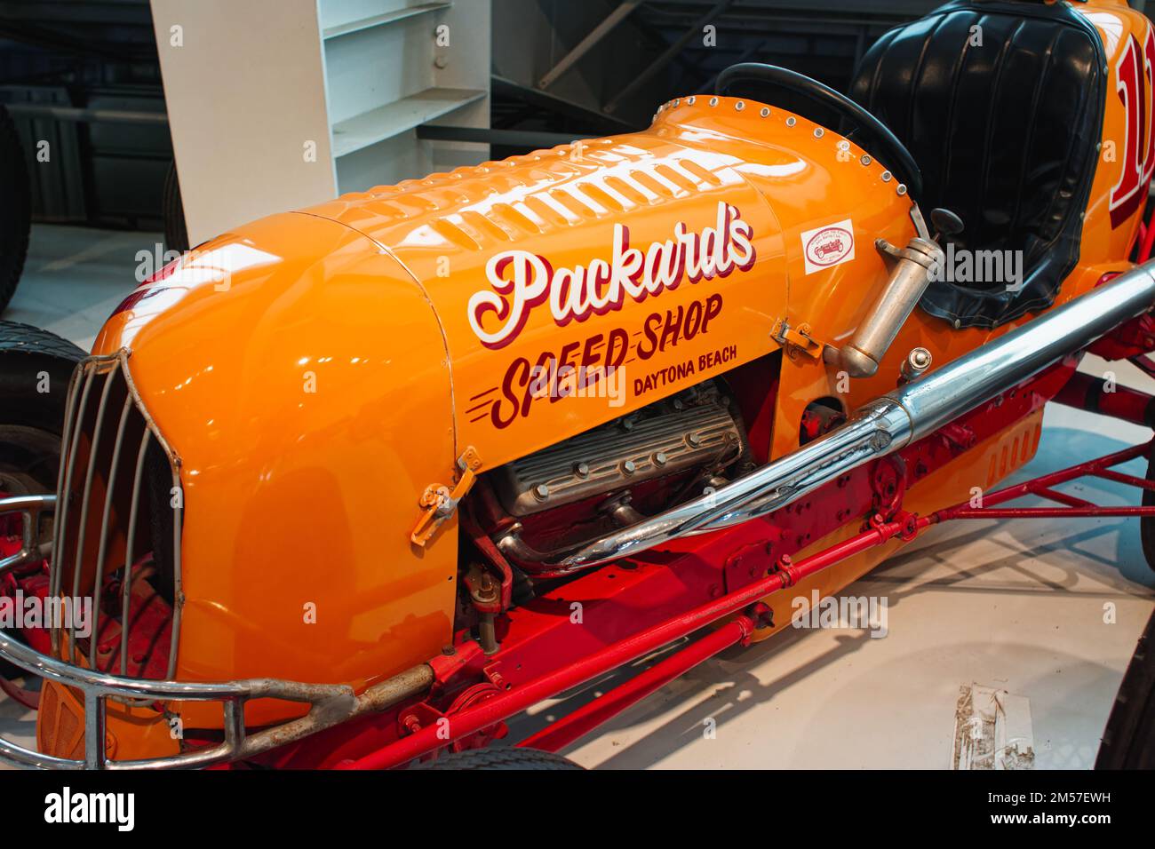 A vintage sprint car reading Packard's Speed Shop, Daytona Beach on