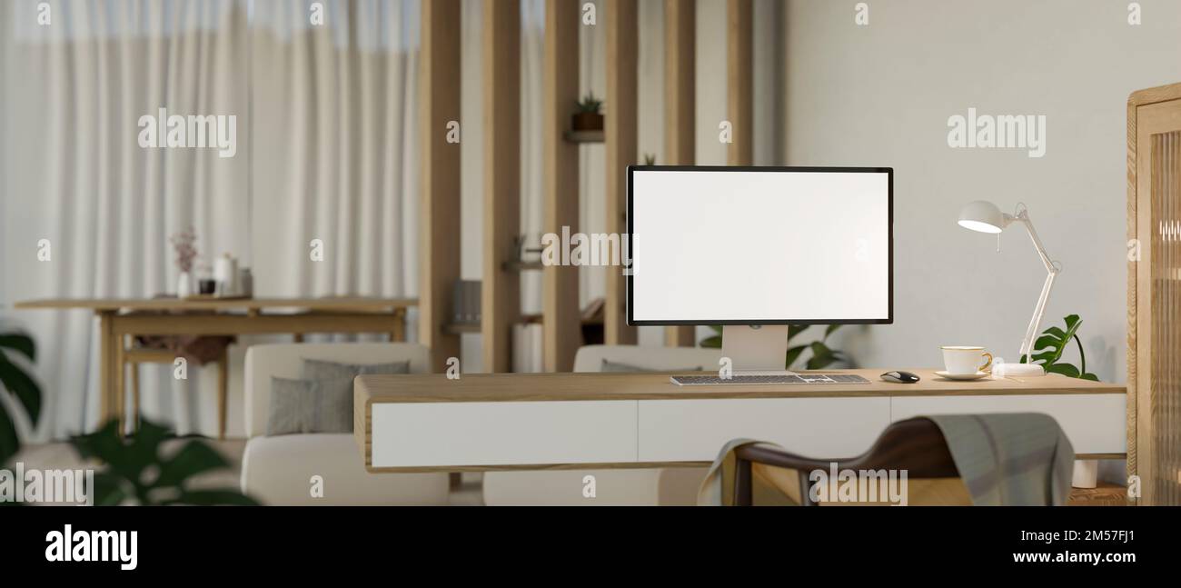 Minimal Scandinavian living room with workstation, PC desktop computer  mockup on minimal wood table. 3d render, 3d illustration Stock Photo - Alamy, image size:1300x647