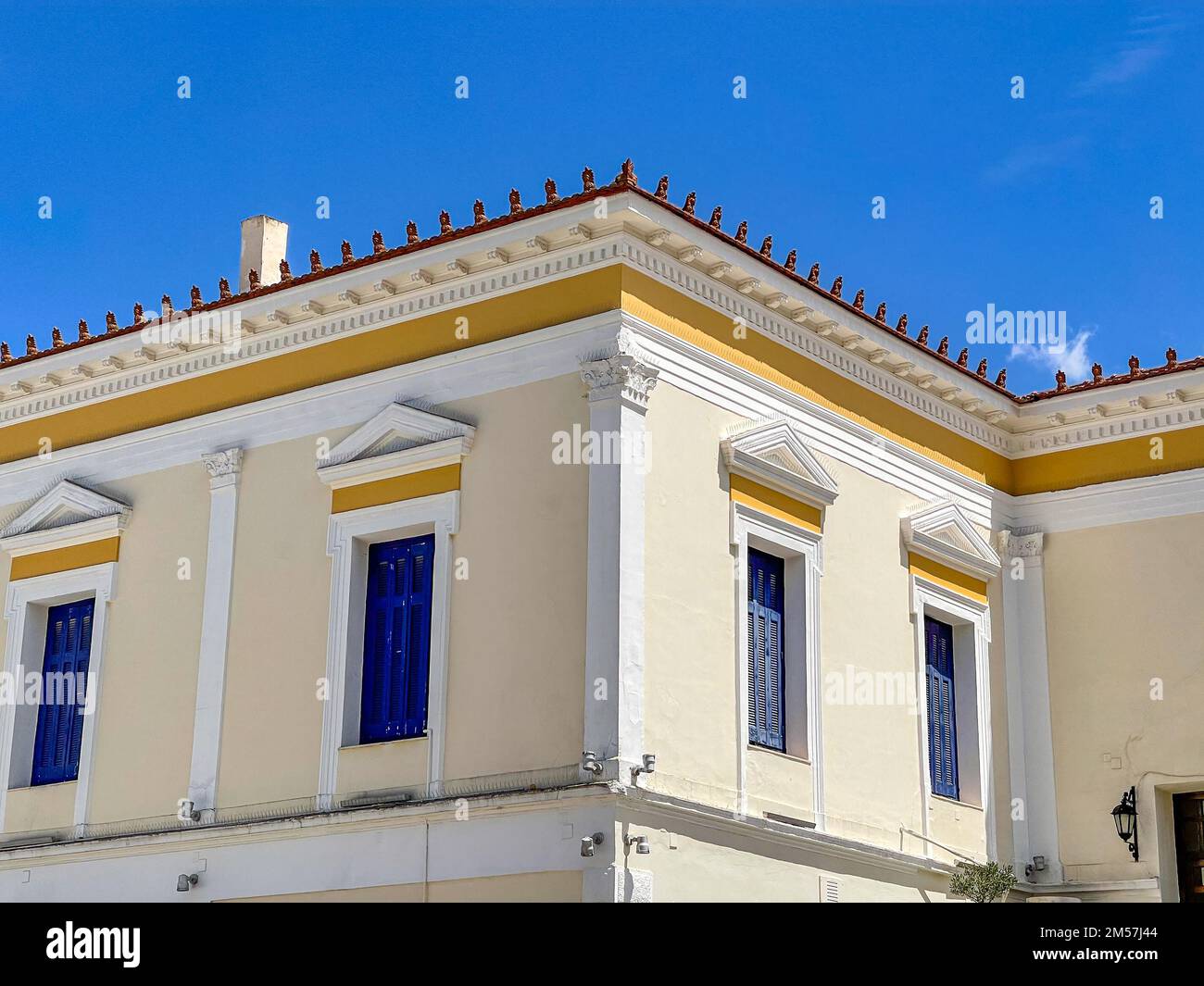 Tne neoclassical city hall building of Sparti, Greece. Urban view of