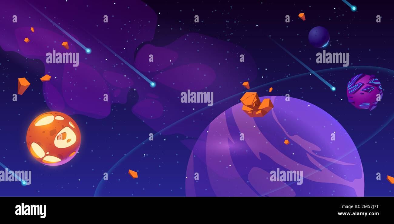 Meteors and rocky asteroids flying in outer space. Cosmic background with planets, stars and satellites. Cartoon vector illustration of alien globes in starry sky. Fantasy galaxy for computer game Stock Vector