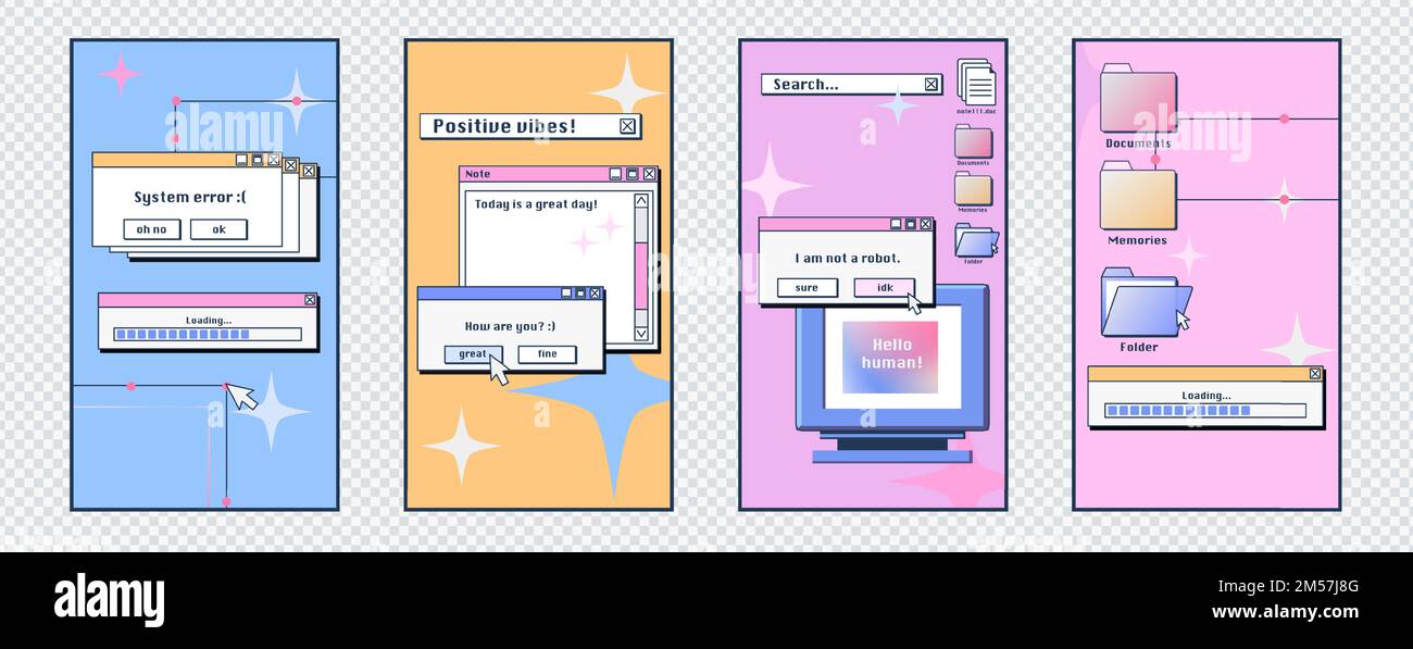 Social media posters template with retro desktop computer interface with message frames, loading bars, buttons and folders. Old pc screen layouts, vector cartoon set Stock Vector