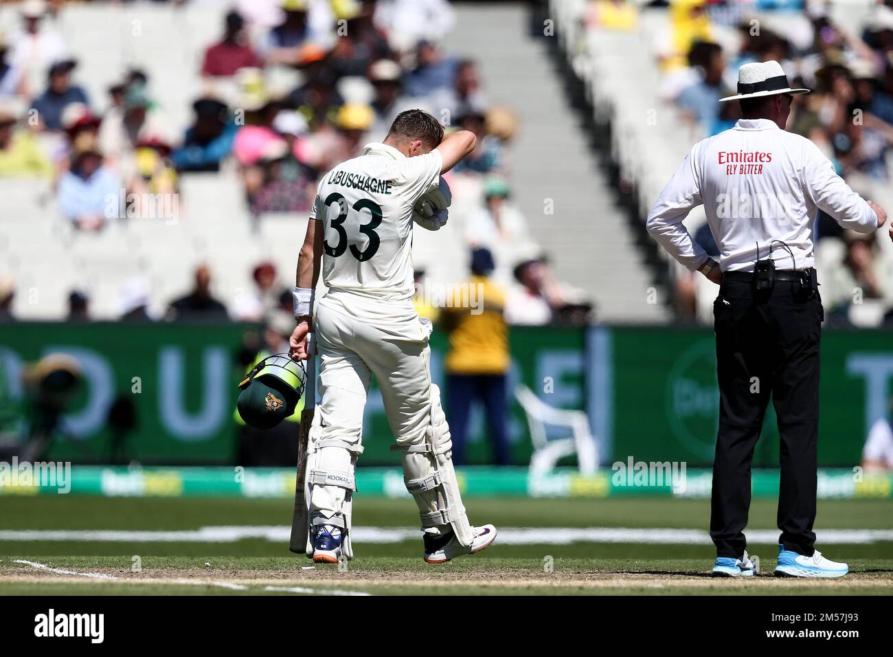 Melbourne, Australia, 27 December, 2022. Marnus Labuschagne of Australia  walks off after getting out during the Boxing Day Test Match between  Australia and South Africa at The Melbourne Cricket Ground on December