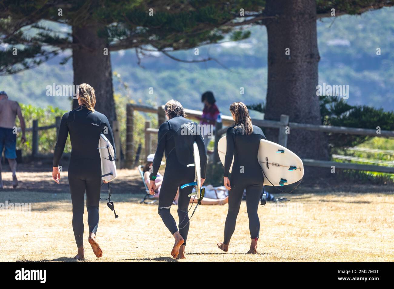 Teenage surfing friends in wetsuits walk together carrying surfboards