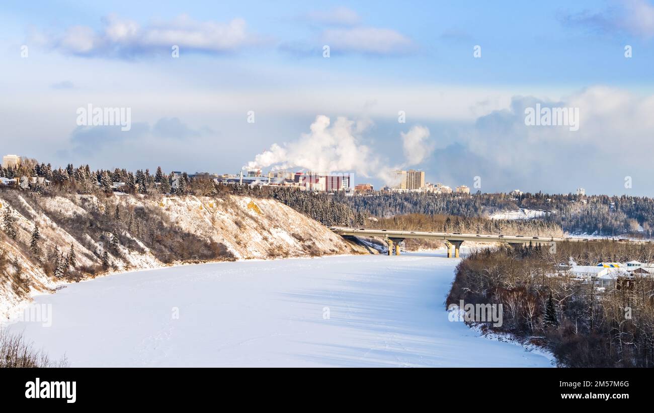 City of Edmonton winter landscape with view to Univercity of Alberta on background Stock Photo