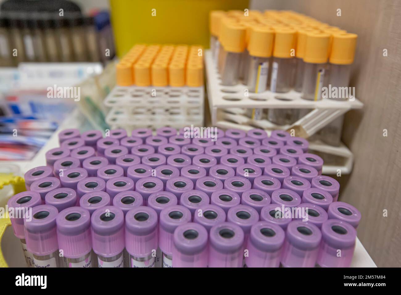 Blood sample tube from a shelf with analysis machines in the laboratory