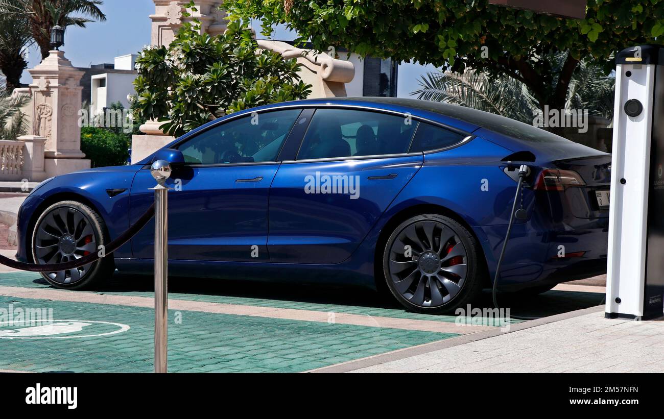 Dubai, United Arab Emirates October 16, 2022 tesla car charging in an