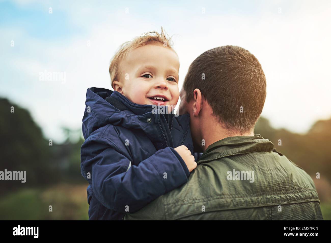 Were off to the park. a father bonding with his son outside. Stock Photo
