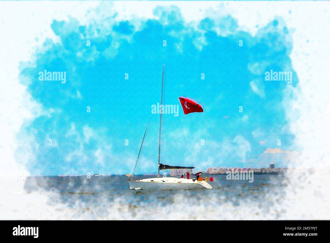 Seascape watercolor painting illustration of sailing yacht boat with flag alsancak smyrna Stock Photo