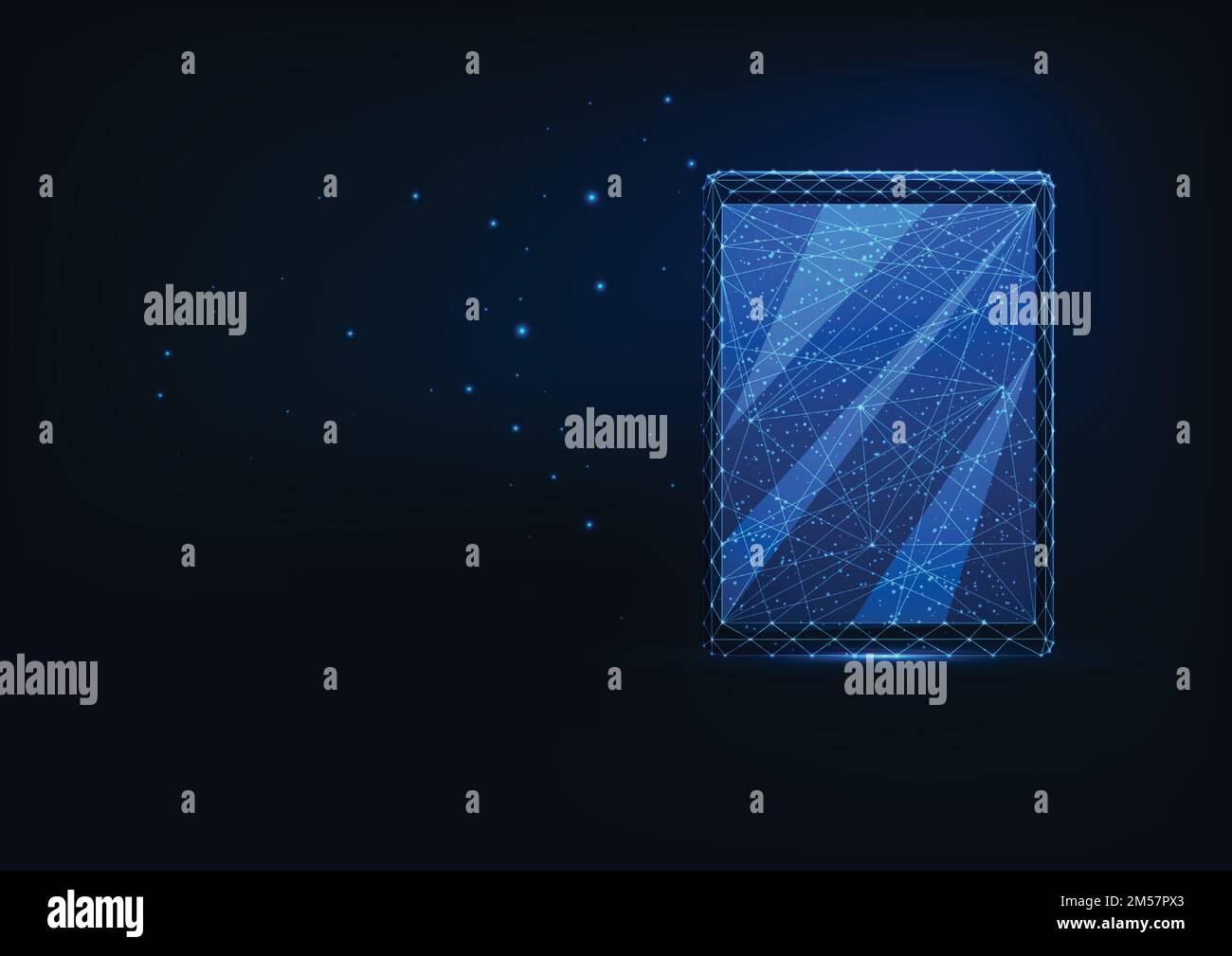 Futuristic glowing low polygonal front view of digital tablet isolated on dark blue background. Modern wireframe mesh design vector illustration. Stock Vector