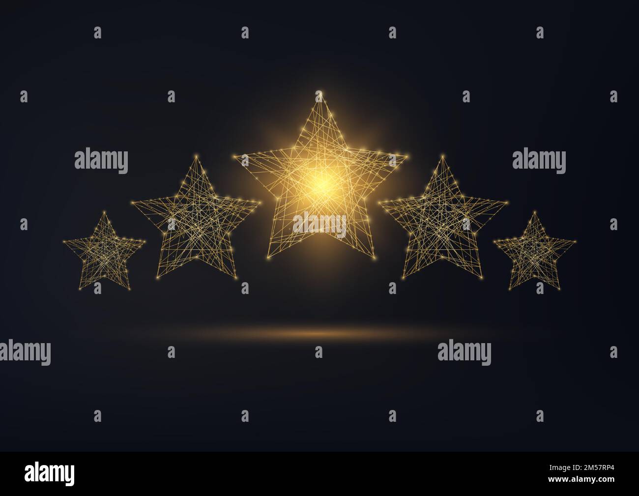 Five stars rating, luxury service, client satisfaction concept. Golden glowing low polygonal wireframe design on black background. Vector illustration Stock Vector