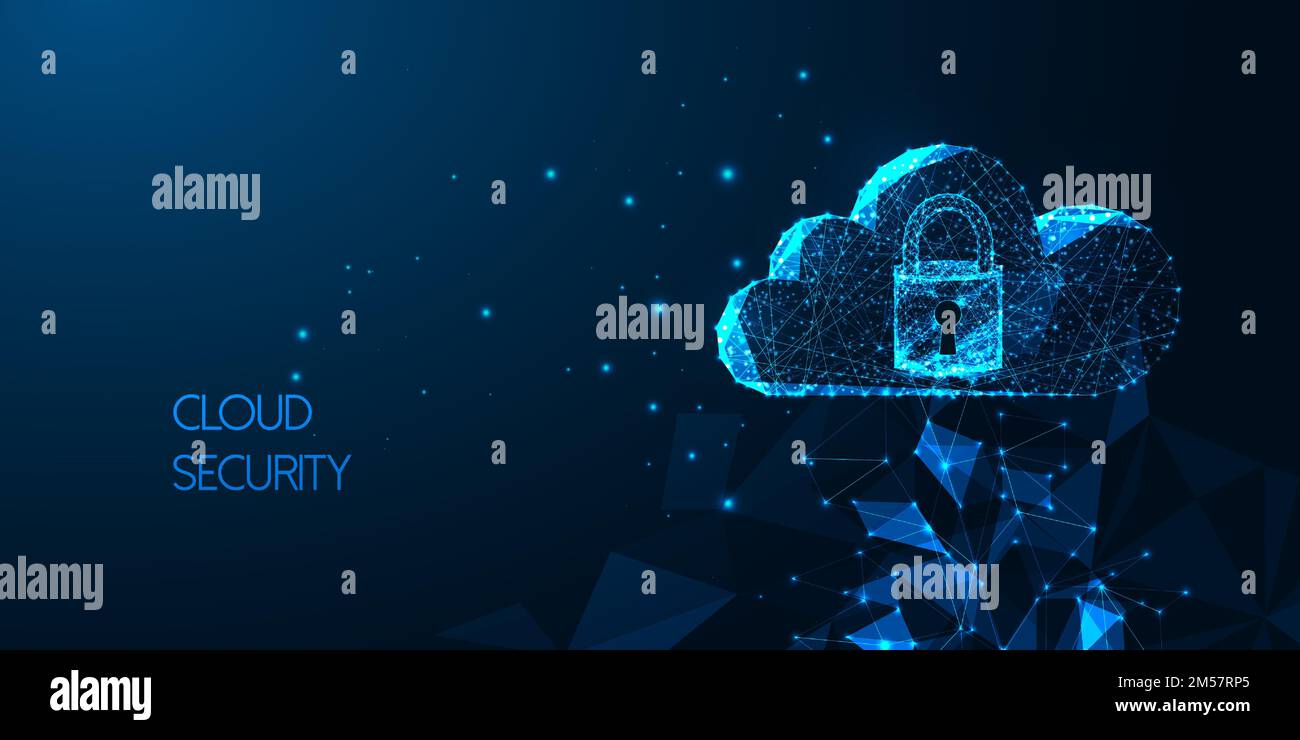 Futuristic Cloud security concept with glowing low polygonal cloud technology symbol and padlock with access isolated on dark blue background. Modern Stock Vector
