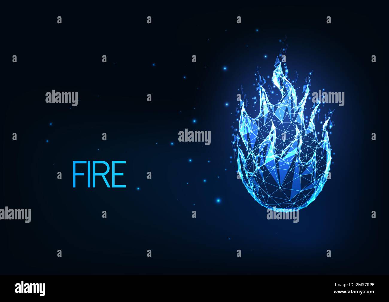 Futuristic glowing low polygonal fire, campfire, bright blue flame isolated on dark blue background. Modern wire frame mesh design vector illustration Stock Vector