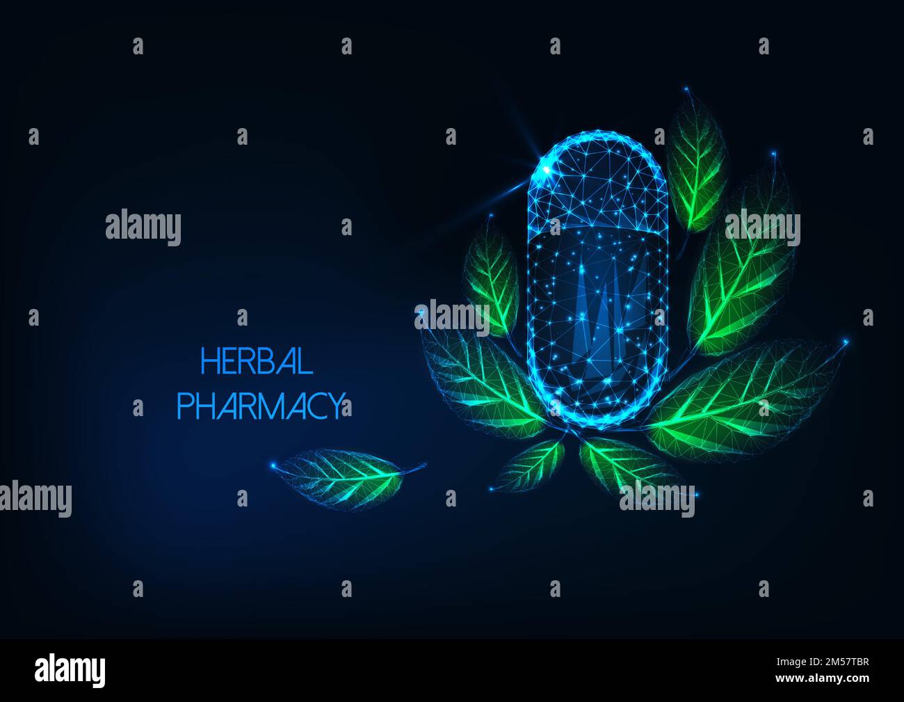 Futuristic glowing low polygonal herbal pharmacy concept with capsule pill and green leaves on dark blue background. Naturopathy, ayurveda, holistic m Stock Vector