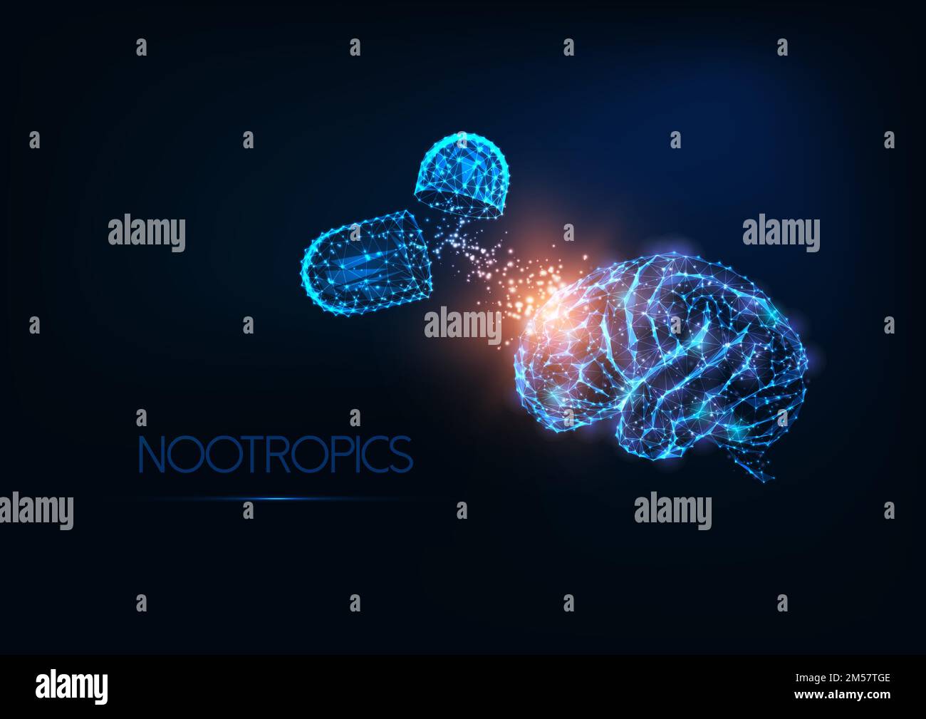 Futuristic gloving low polygonal human brain and medicines capsules on dark blue background. Antidepressants, nootropics, mental disease medicament co Stock Vector