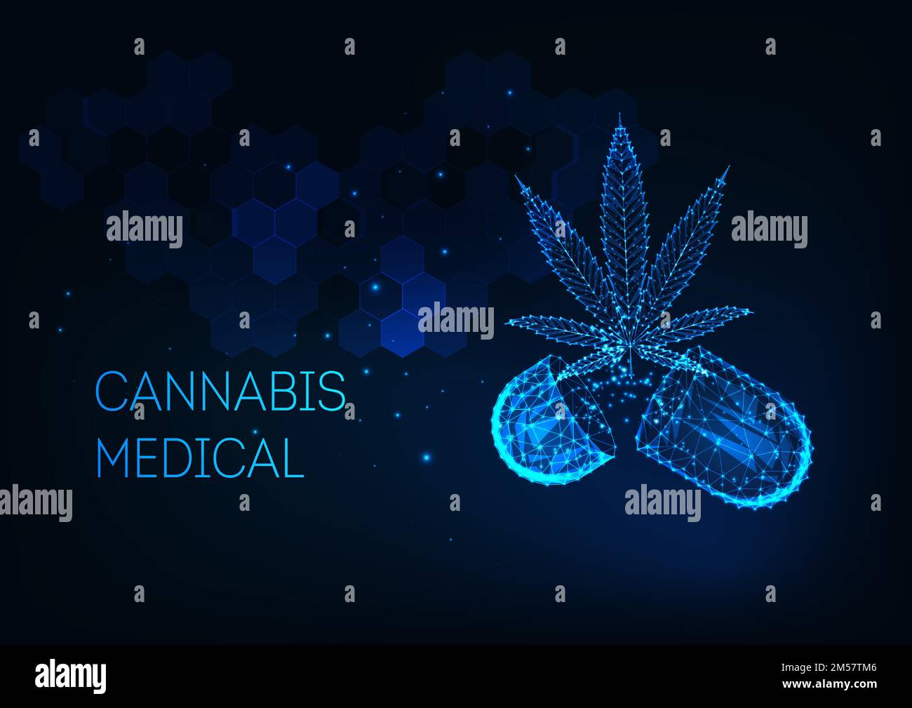 Futuristic medical cannabis treatment concept with glowing low polygonal marijuana leaf, capsule pill and abstract hexagonal background on dark blue. Stock Vector