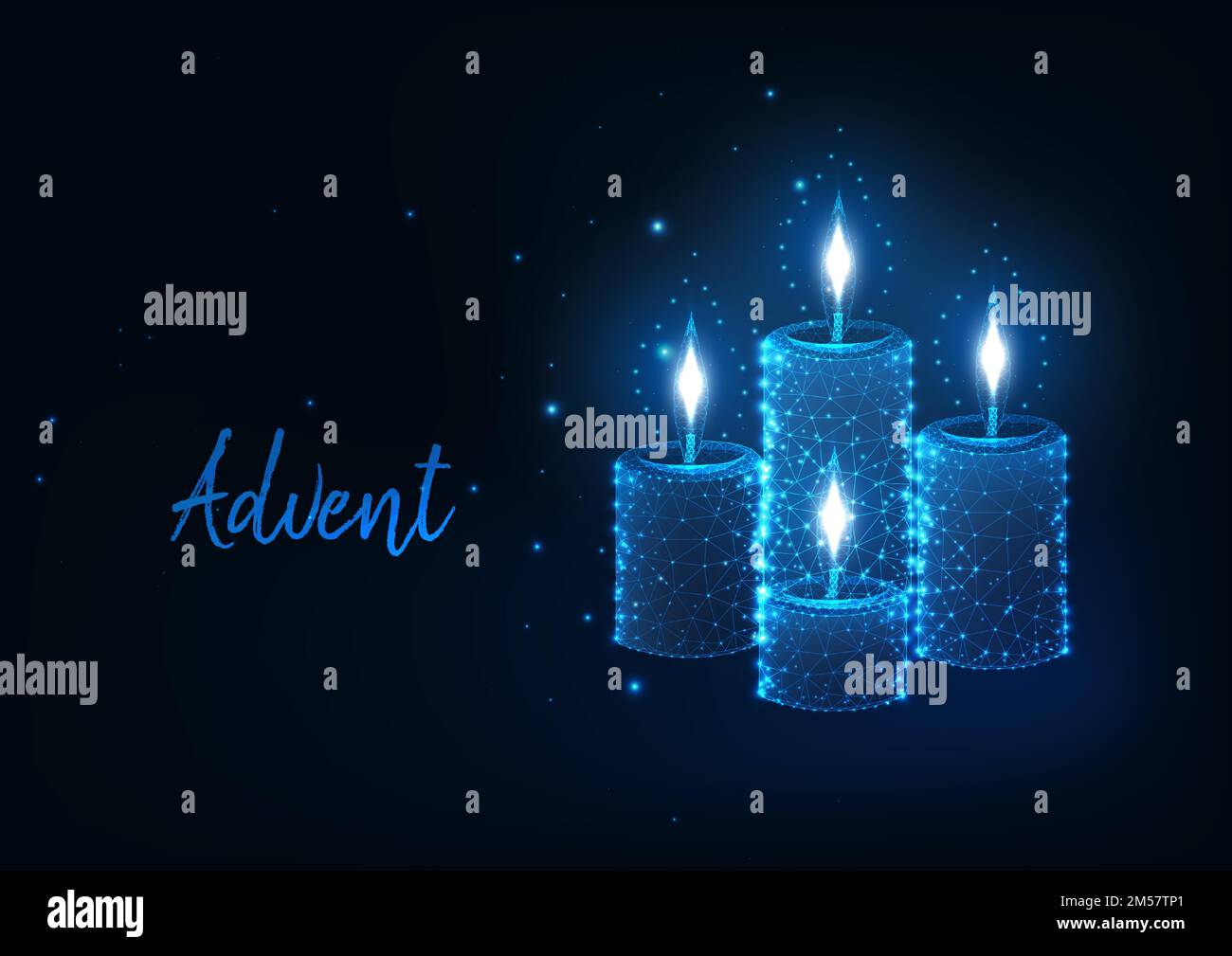 Futuristic Christmas Advent concept with glowing low polygonal burning candles with lights on dark blue background. Modern wire frame mesh design vect Stock Vector