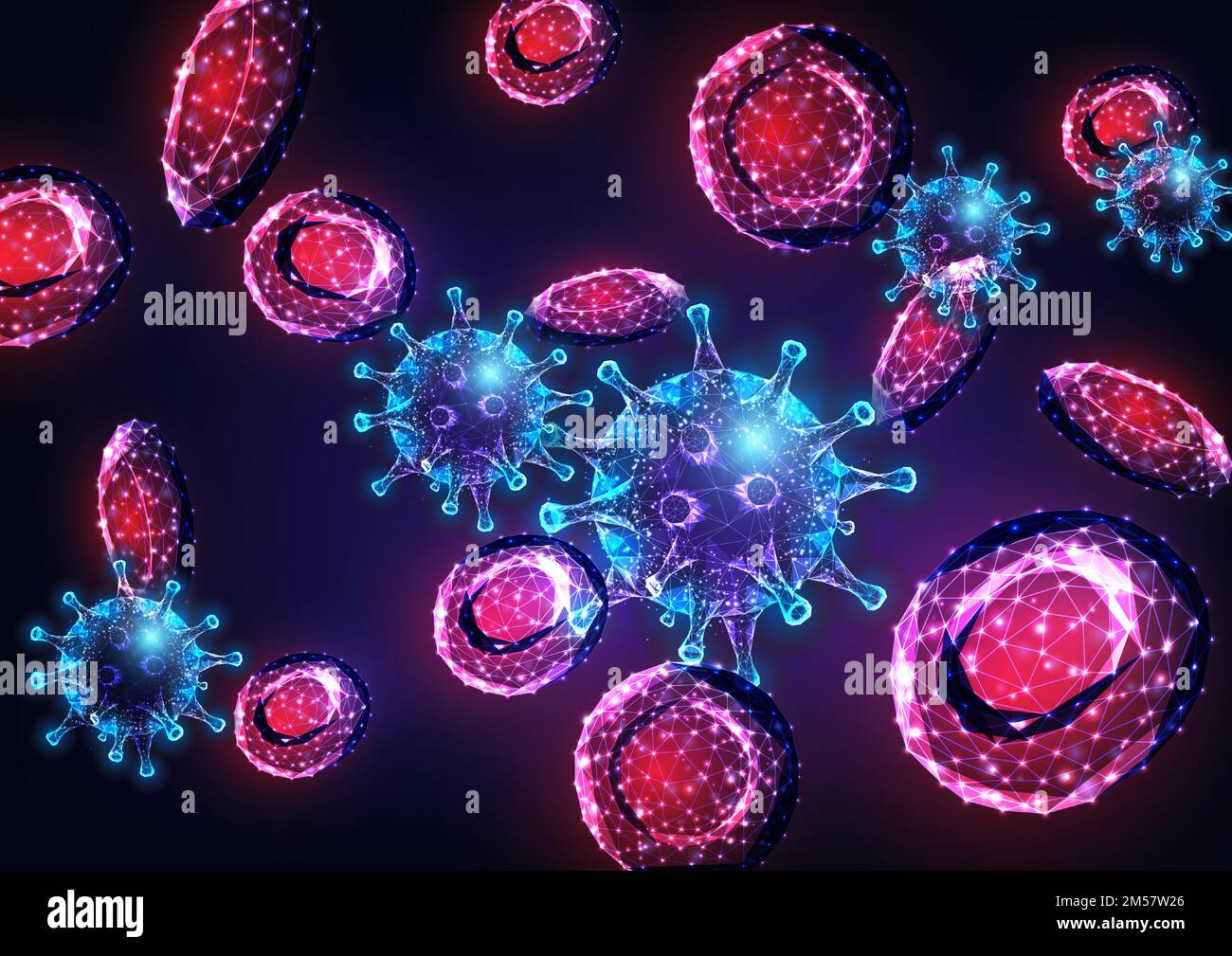 Futuristic viral infection concept with glowing low polygonal influenza virus cells and erythrocytes in blood stream on dark blue background. Modern w Stock Vector