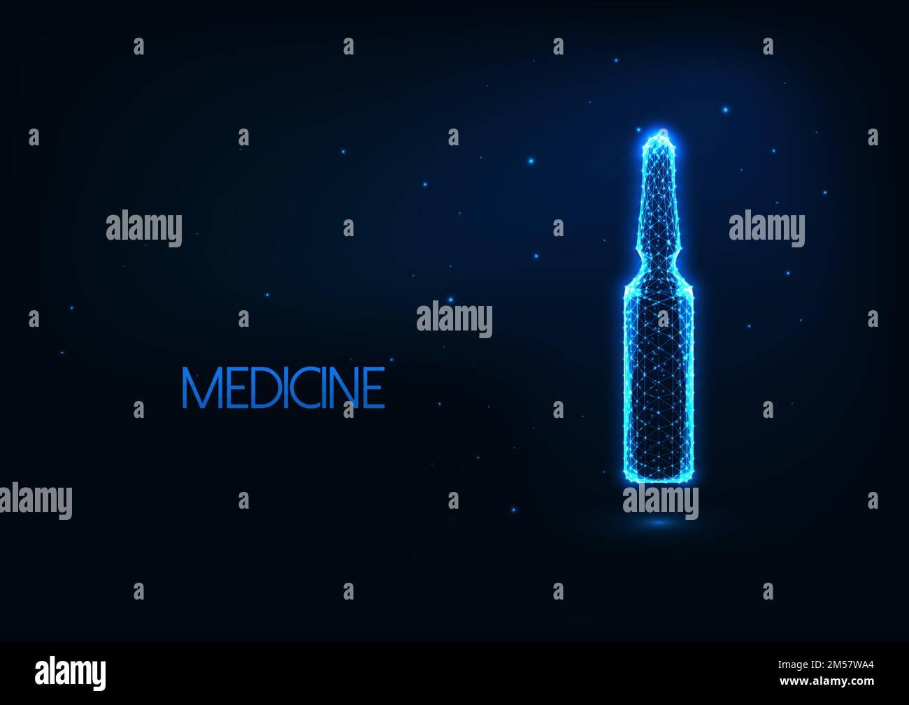 Futuristic medical treatment concept with glowing low polygonal glass ampoule with liquid medications isolated on dark blue background. Modern wire fr Stock Vector
