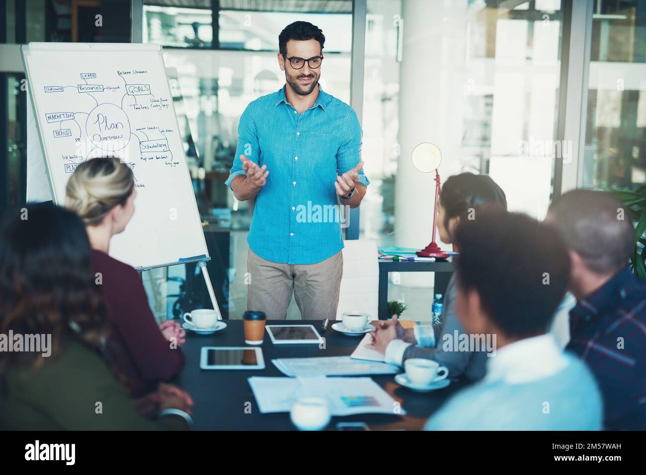 Any ideas. a young businessman giving a presentation Stock Photo - Alamy