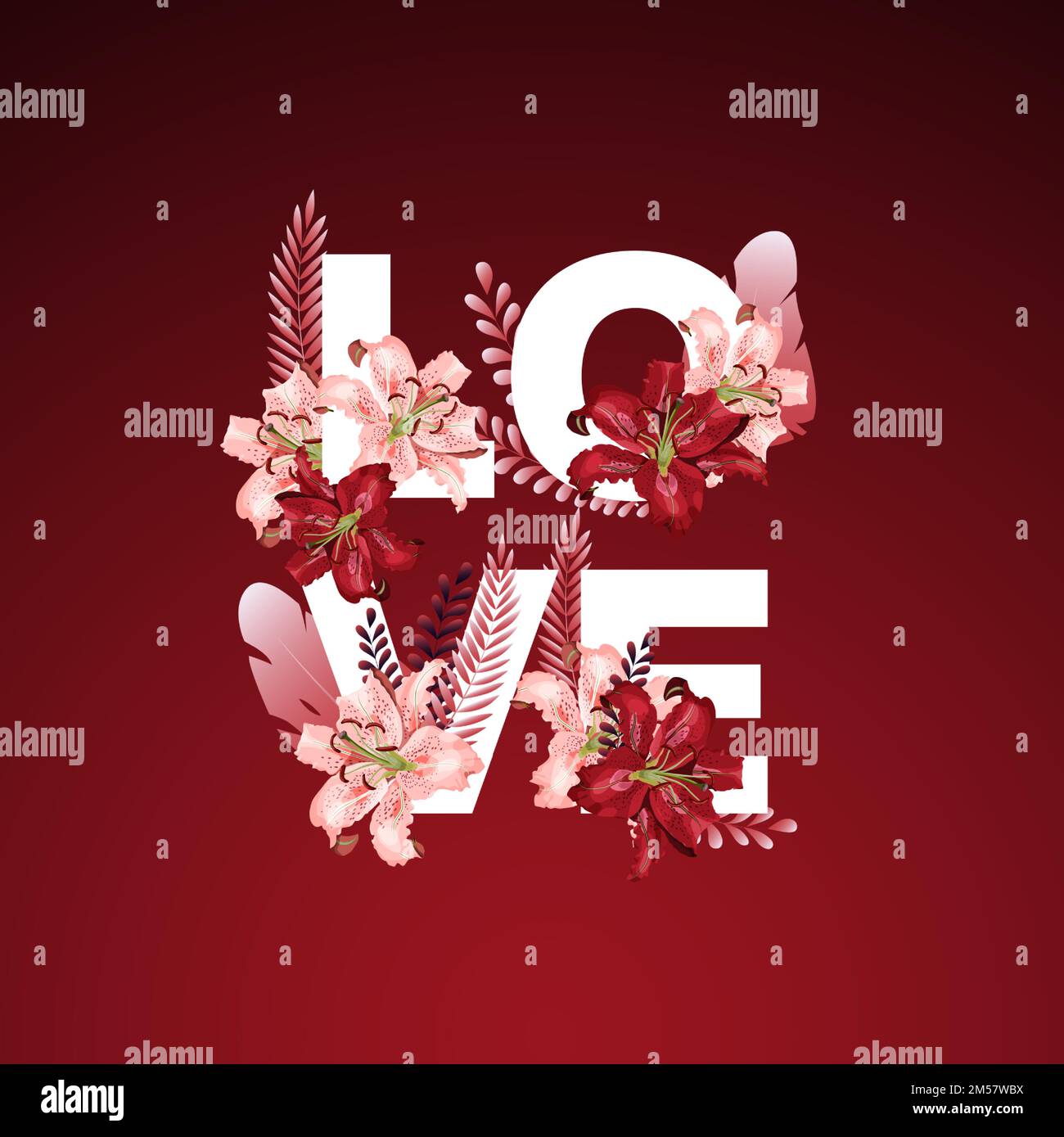 Word Love with beautiful dark red and pink flower and leaves decoration. Modern design vector illustration. Stock Vector