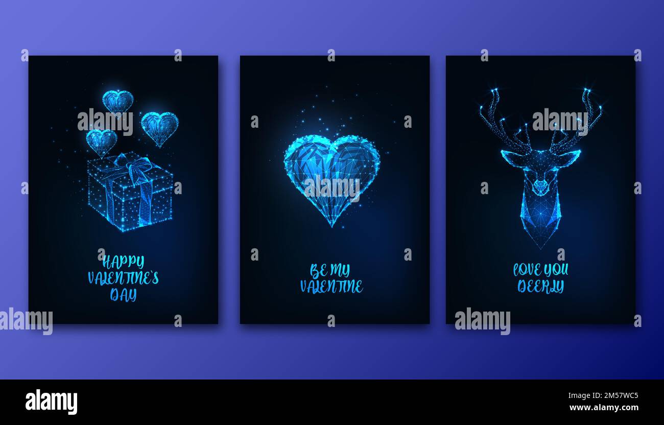 Valentines Day greeting cards set with futuristic glowing low polygonal heart, gift box, deer head and text on dark blue background. Modern wire frame Stock Vector