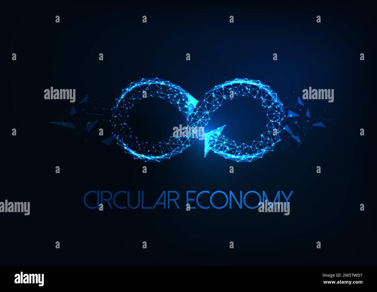 Futuristic circular economy concept with glowing low polygonal infinity sign isolated on dark blue background. Modern wire frame mesh design vector il Stock Vector