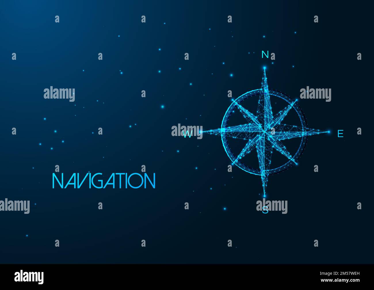 Futuristic navigation concept with glowing low polygonal compass rose isolated on dark blue background. Modern wire frame mesh design vector illustrat Stock Vector