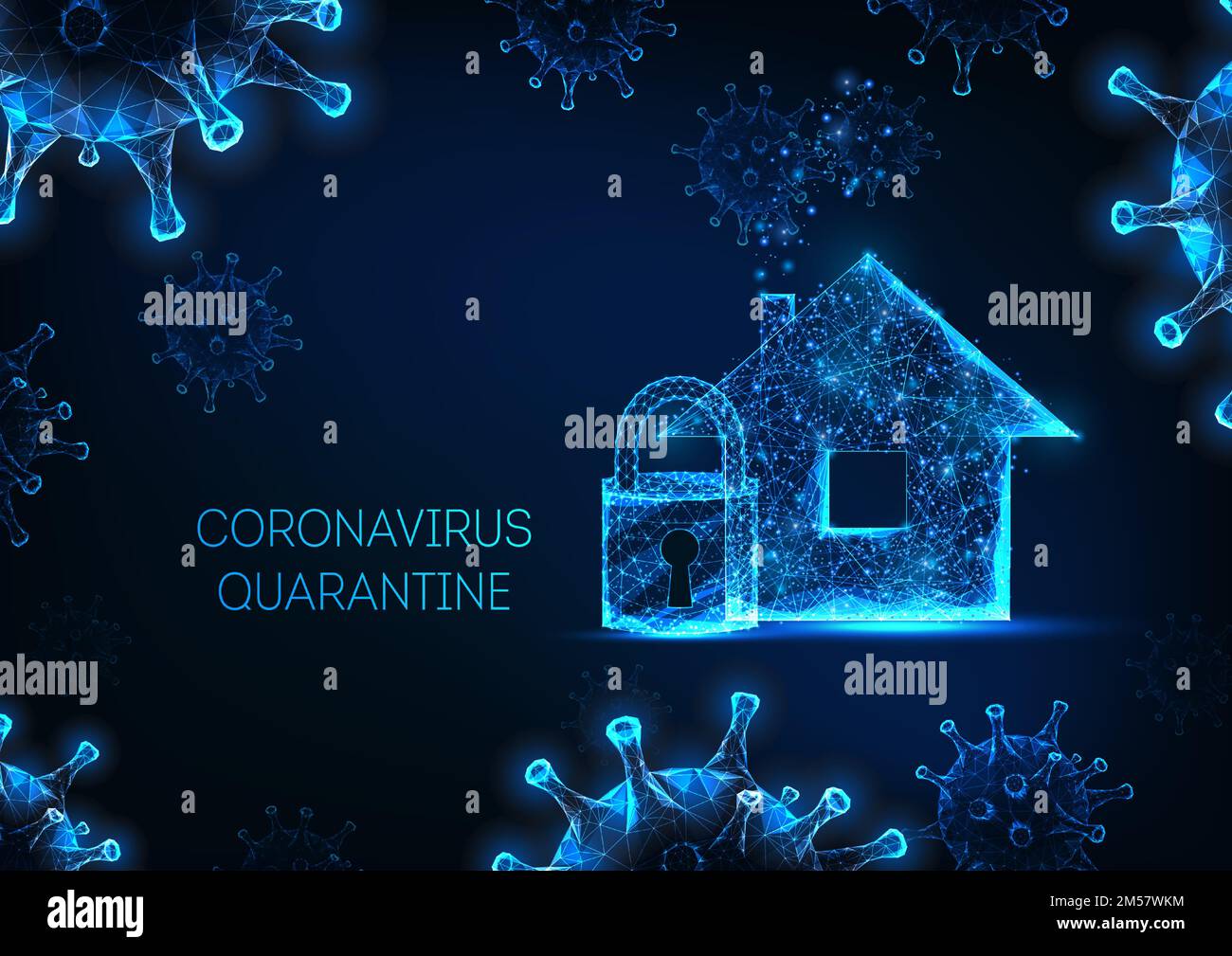 Lockdown, working from home, self quarantine due to coronavirus pandemic concept with glowing low polygonal virus cells and residential house. Modern Stock Vector