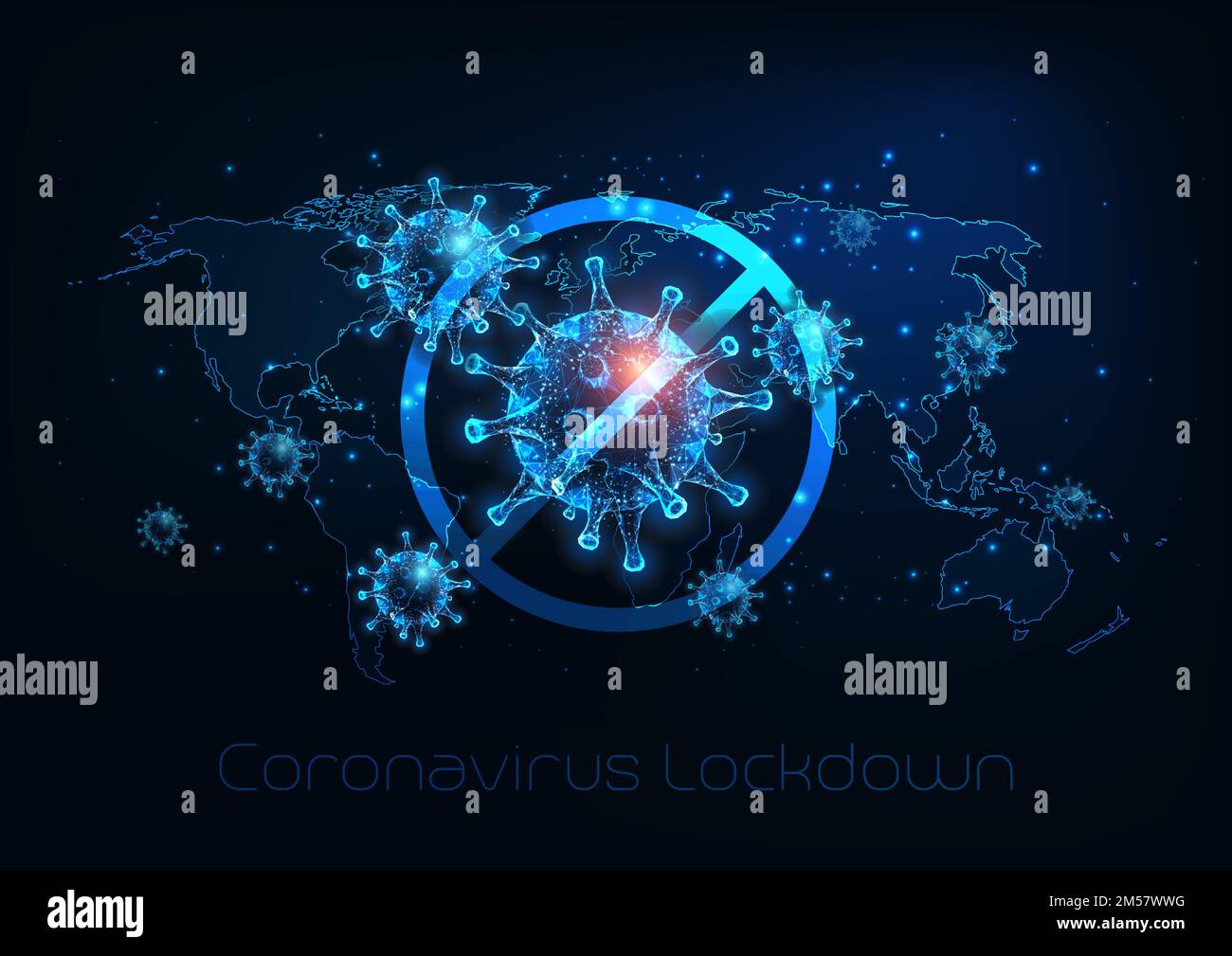 Futuristic global lockdown due to coronavirus COVID-19 disease with glowing low polygonal virus cells, padlock and world map on dark blue background. Stock Vector