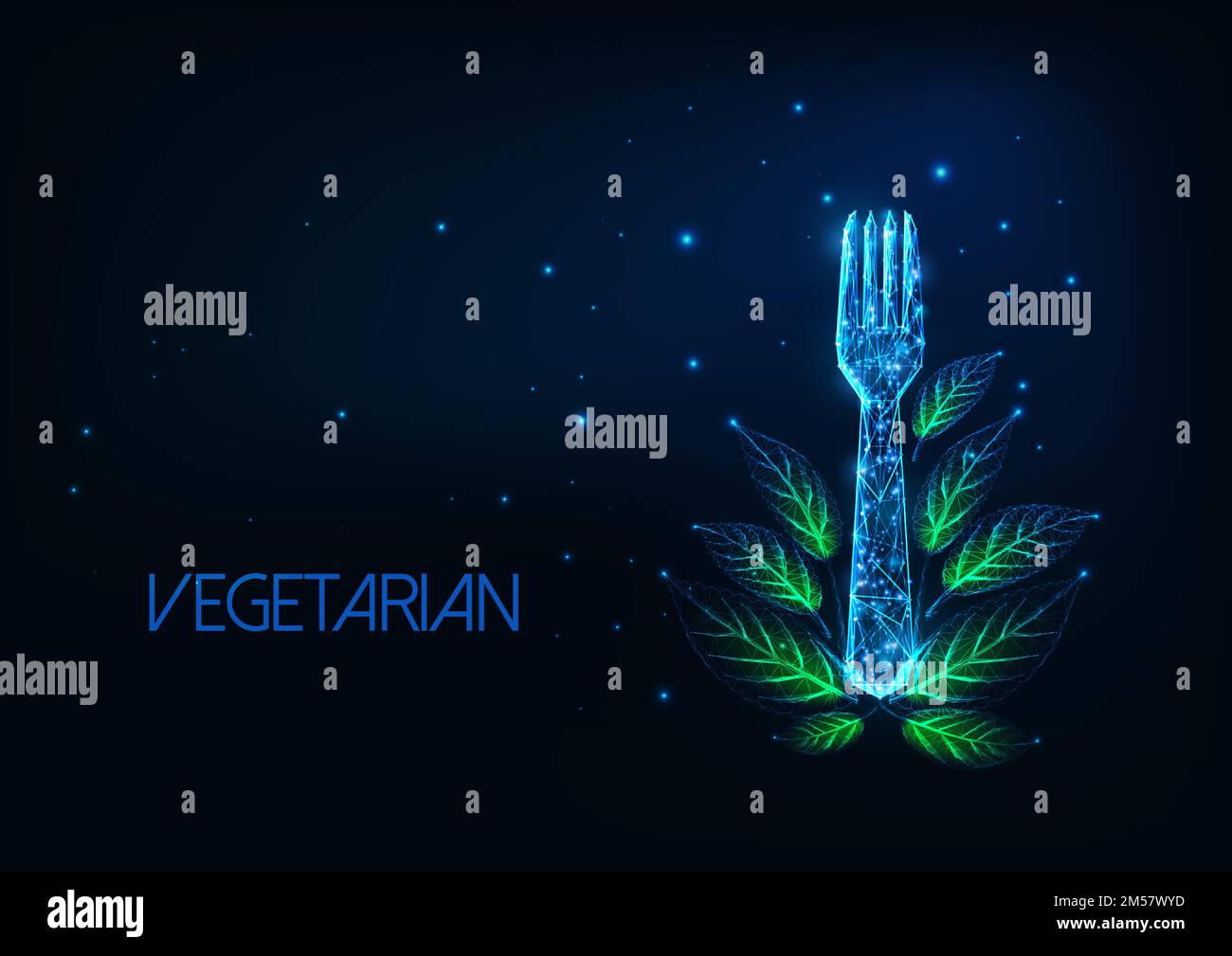 Futuristic vegetarian restaurant menu concept with glowing low polygonal fork and green leaves on dark blue background. Modern wire frame mesh design Stock Vector