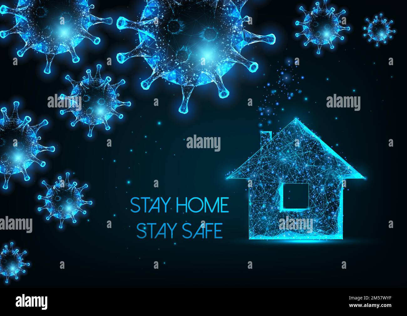 Working from home, self quarantine due to coronavirus pandemic concept with glowing low polygonal virus cells and residential house. Stay home, stay s Stock Vector