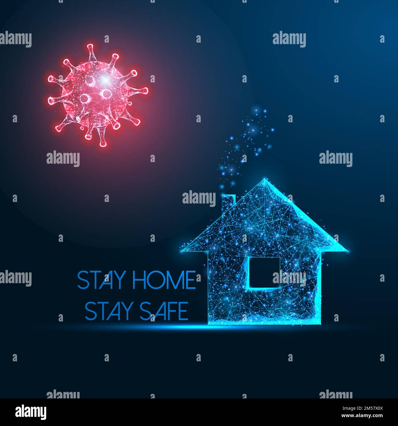 Working from home, self quarantine due to coronavirus pandemic concept with glowing low polygonal virus cells and residential house. Stay home, stay s Stock Vector