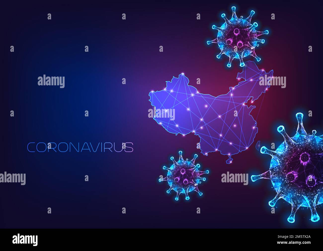 Coronavirus cells against map of China on dark blue to purple background. Viral infection outbreak. Modern wire frame mesh design vector illustration. Stock Vector