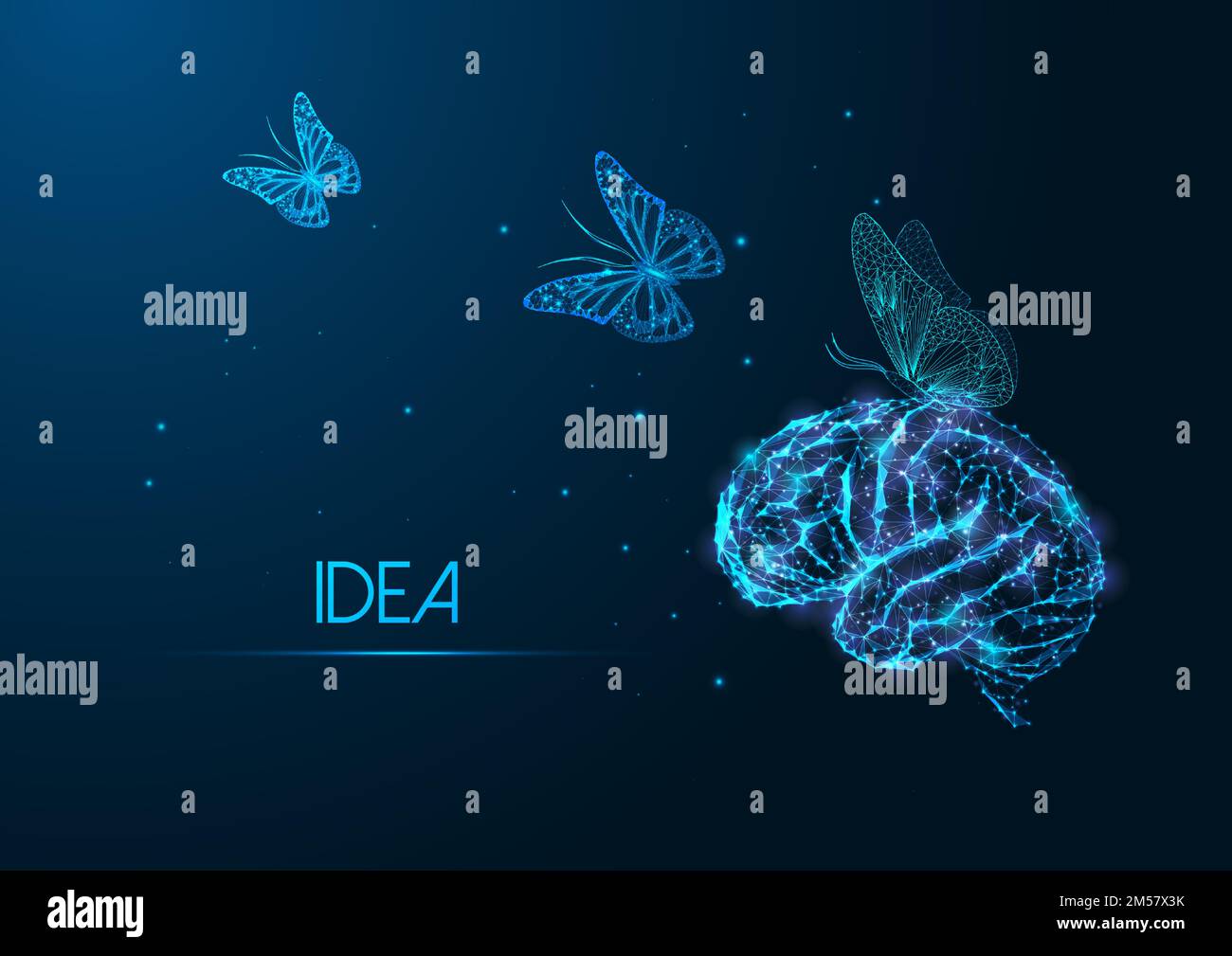 Futuristic creative idea concept with glowing low polygonal human brain and flying butterflies on dark blue background. Modern wire frame mesh design Stock Vector